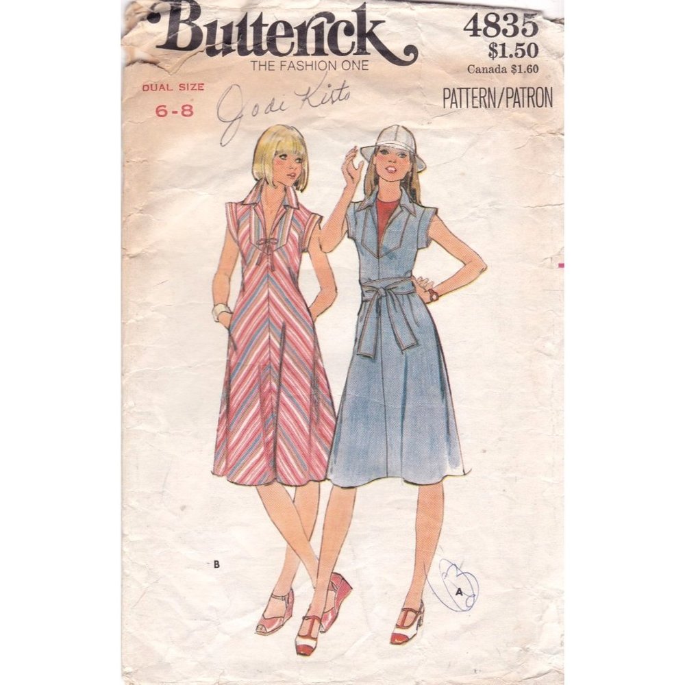 Vintage Sewing PATTERN Butterick 4835, Misses 1977 Dress and Belt, Size 6-8